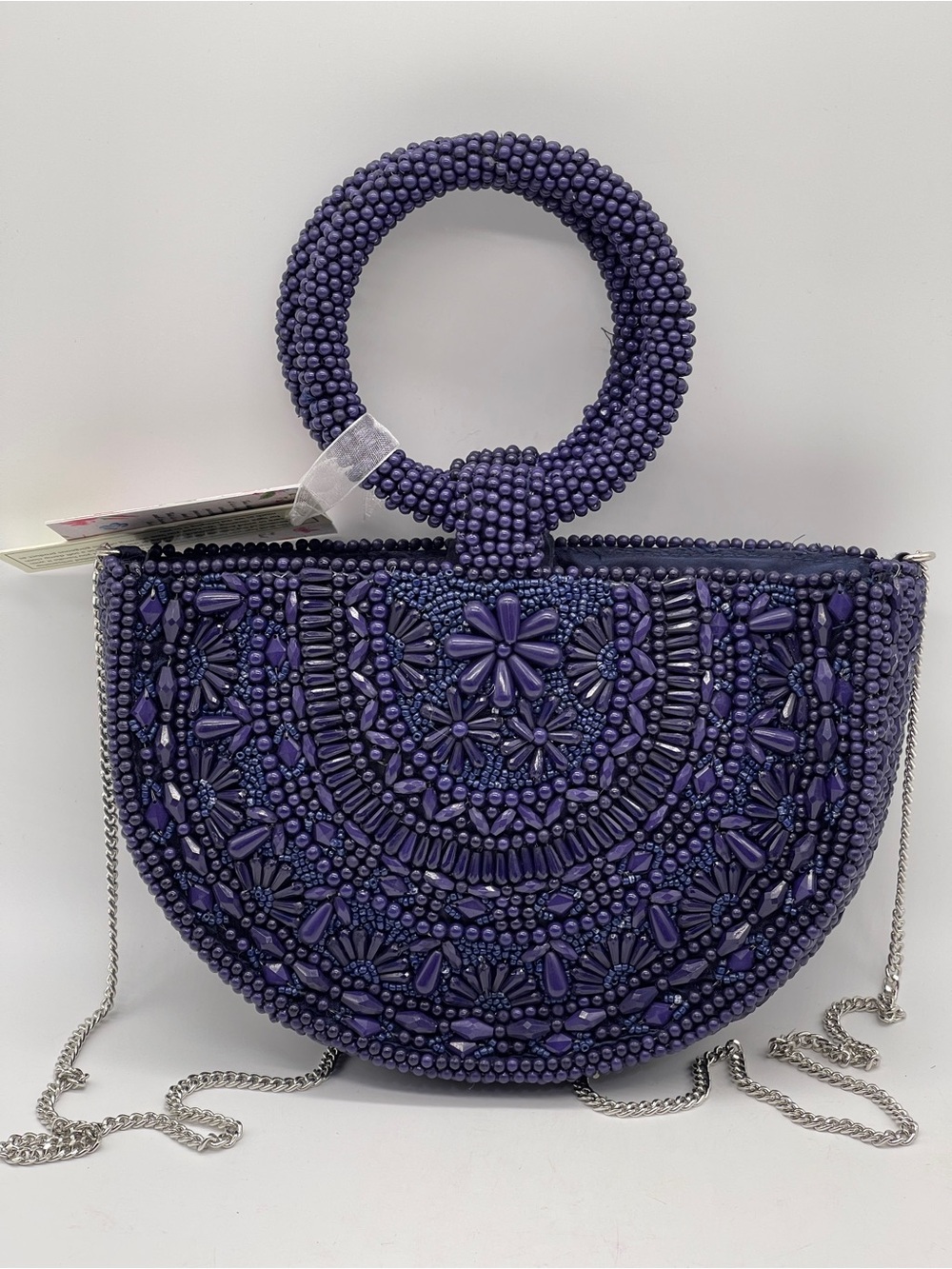 Handcrafted In India Blue Purple Beaded Round Handle Evening Purse Luxe Chic NWT